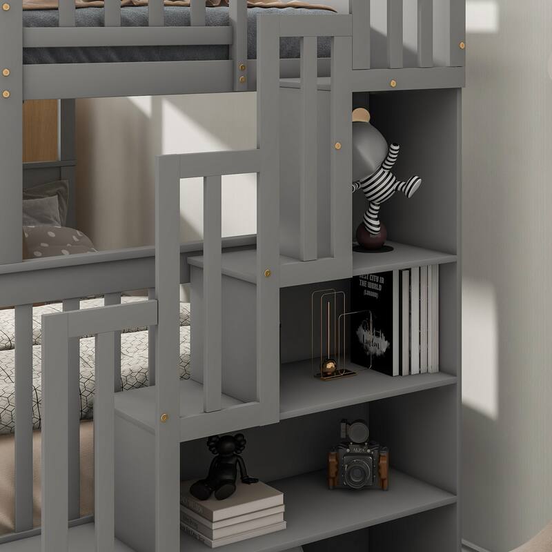 Twin over Full Bunk Bed with 2 Drawers and Staircases, Convertible into