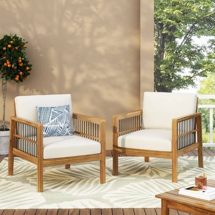 Set of 2, Acacia Wood Outdoor Club Chair, Deep Seating with Soft Cushion, Porch Chairs for Garden, Backyard Porch Balcony - Teak+ Beige
