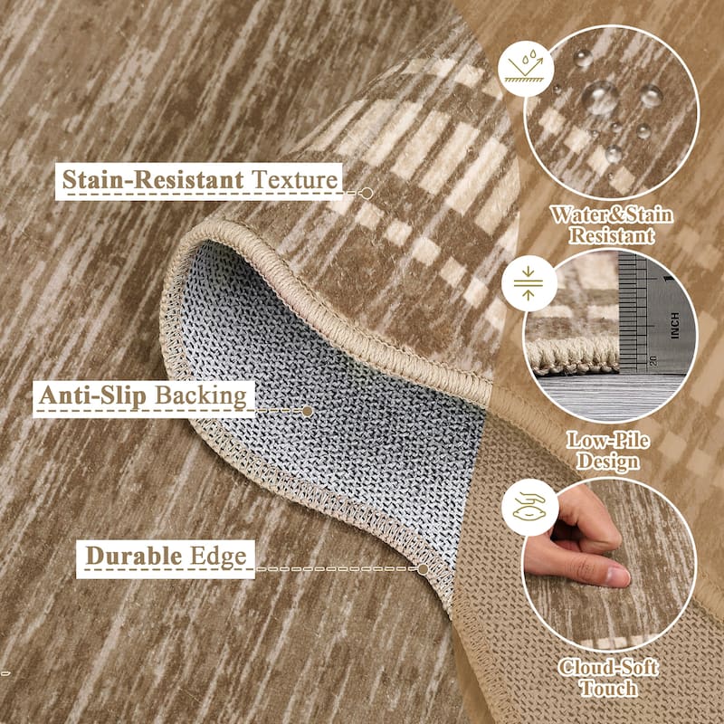 Washable Scalloped Area Rugs, Modern Bordered Living Room Rugs for Bedroom