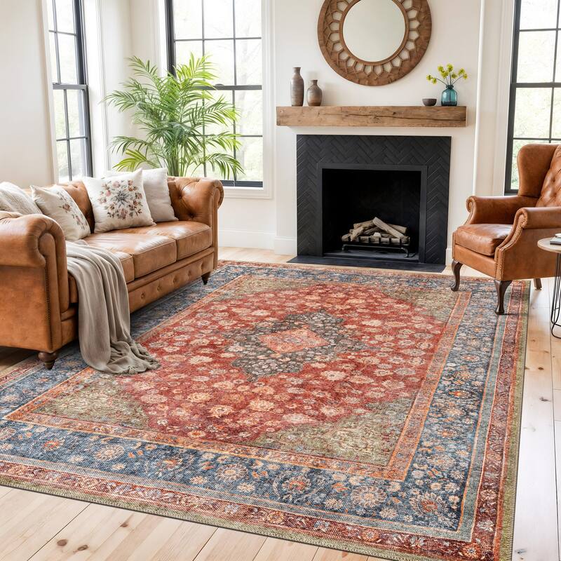 Traditional Flat Pile Washable Area Rug, Pet Friendly & Non-Slip - 7'7" x 9'6" - Red