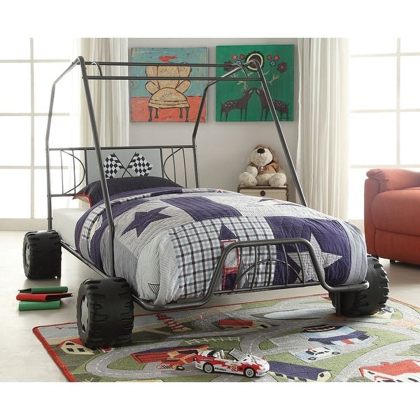 slide 2 of 8, Youth Go Kart Design Twin Bed w/4 Wheels & Racing Flag Decor Headboard Gunmetal - Twin