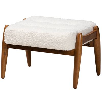Jeanine Japandi Cream Boucle Fabric and Walnut Brown Finished Rubberwood Ottoman Footstool