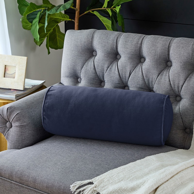 Sorra Home Solid Velvet Indoor Corded Bolster Pillow Single - 16 in W x 6 in H x 6 in D - Navy