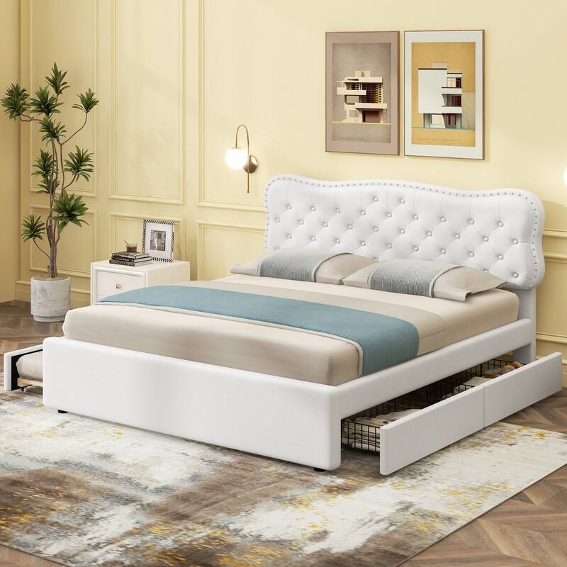 Queen Size Upholstery Platform Bed with Large Storage Space, Queen Bed with Drawers and Trundle