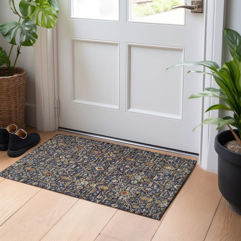 Machine Washable Indoor/ Outdoor Traditional Persian Chantille Rug - Navy - 1'8" x 2'6"