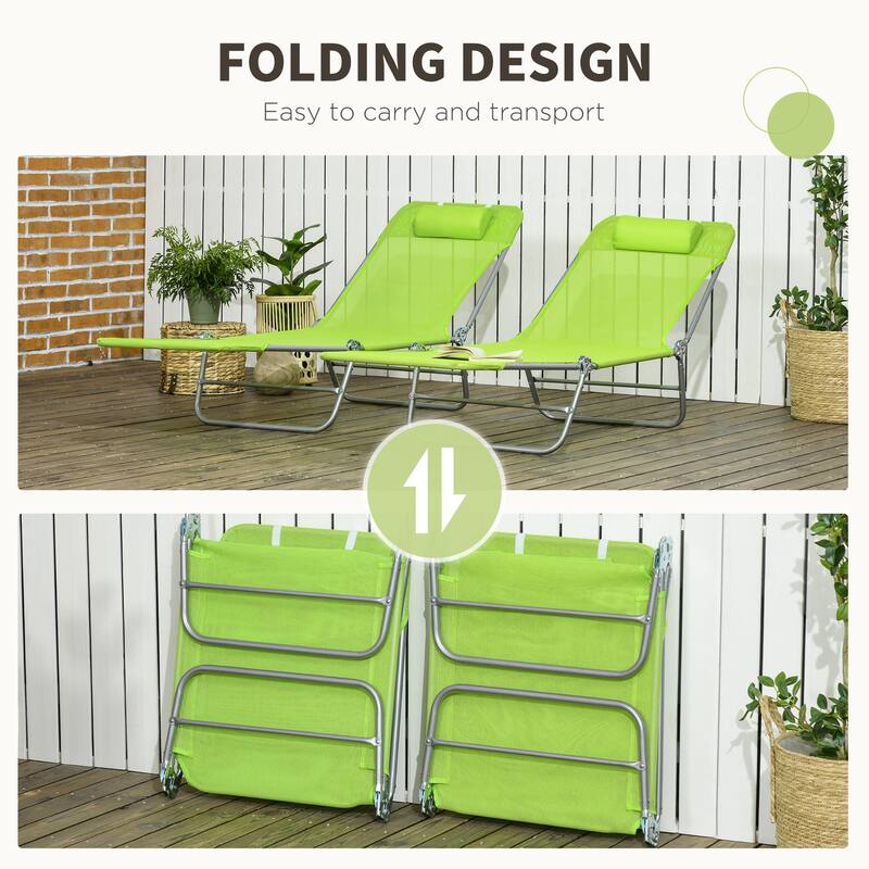 Outdoor Folding Chaise Lounge Chairs with 6-Position Reclining Back, Breathable Mesh Seat, Headrest, Set of 2