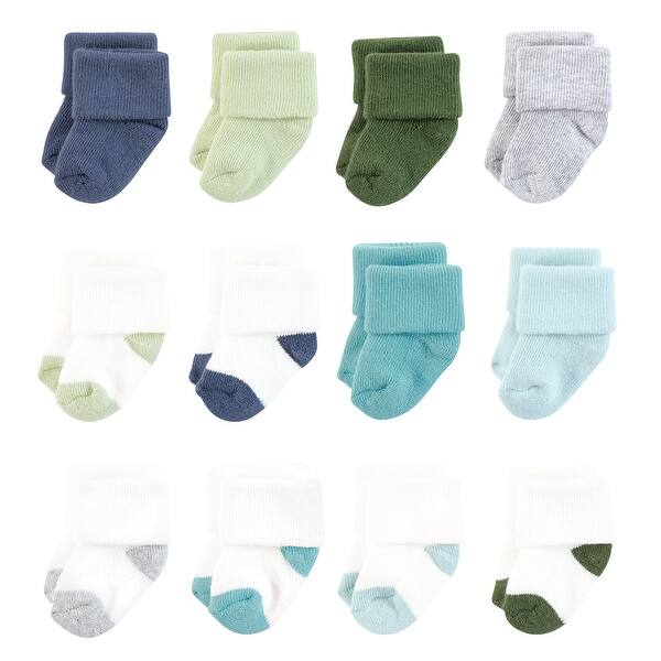 slide 1 of 1, Hudson Baby Infant Boy Cotton Rich Newborn and Terry Socks, Blue Green Heel Toe 6-12 Months - Blue Green Heel Toe
