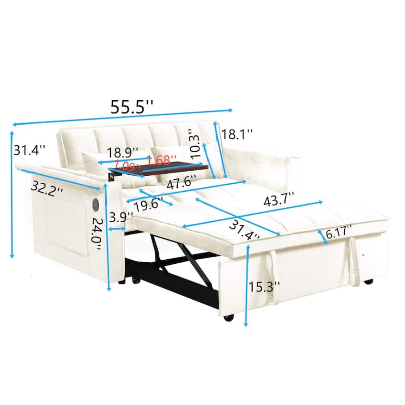 55.5" Convertible Velvet Double Sleeper Sofa Bed with Hidden Side Table