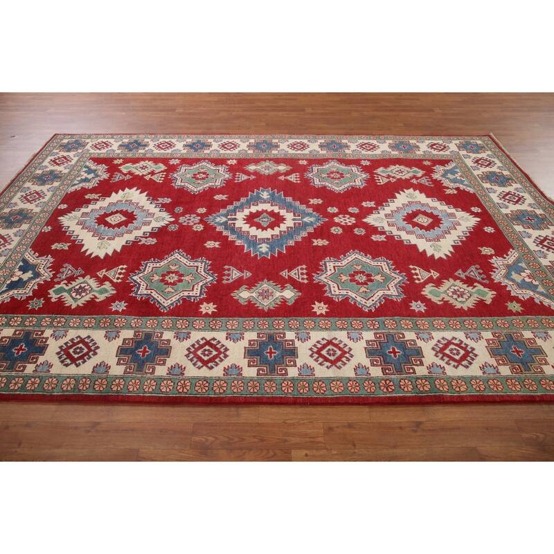 Hand Knotted Oriental 100% Wool Carpet Traditional Geometric Red Kazak Area Rug - 9' 10'' X 6' 8''
