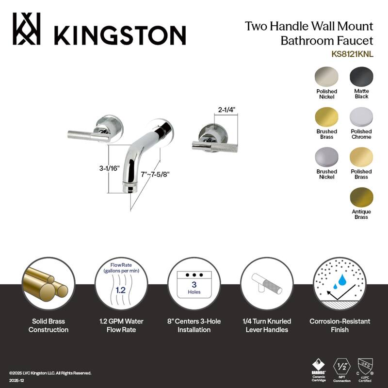 Kingston Brass Convergent Double-Handle Wall Mount Bathroom Faucet with Knurled Handle