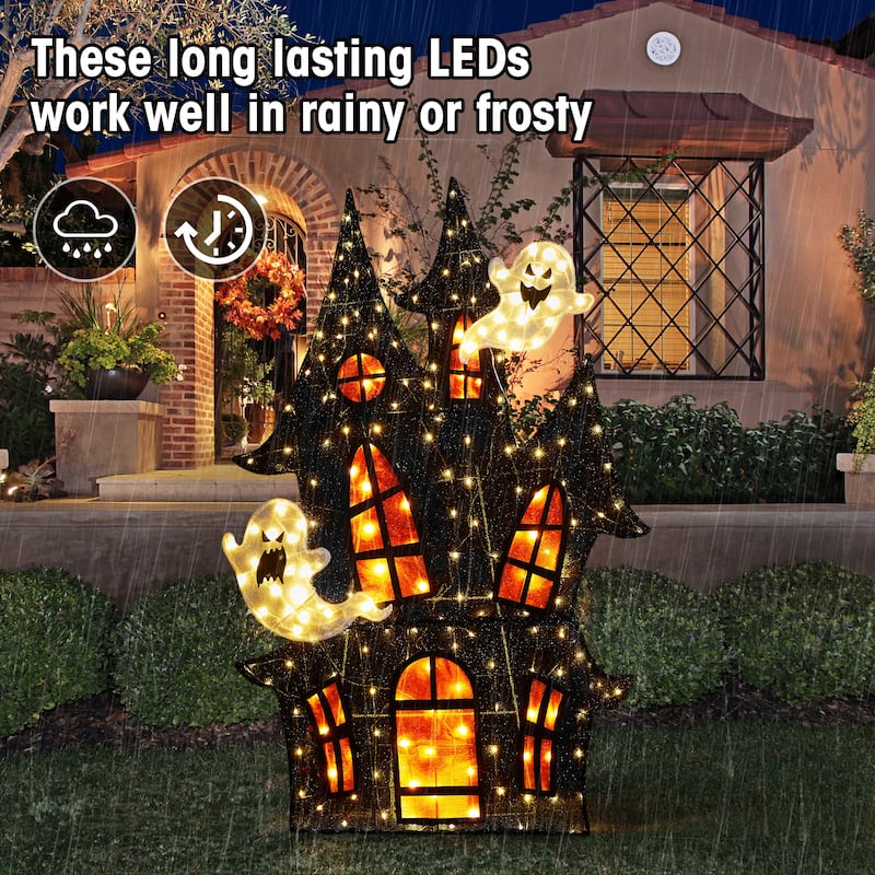 Glitzhome 5ft Pre-lit Halloween 2D Haunted House Outdoor Decor with 210 Warm White LED Lights