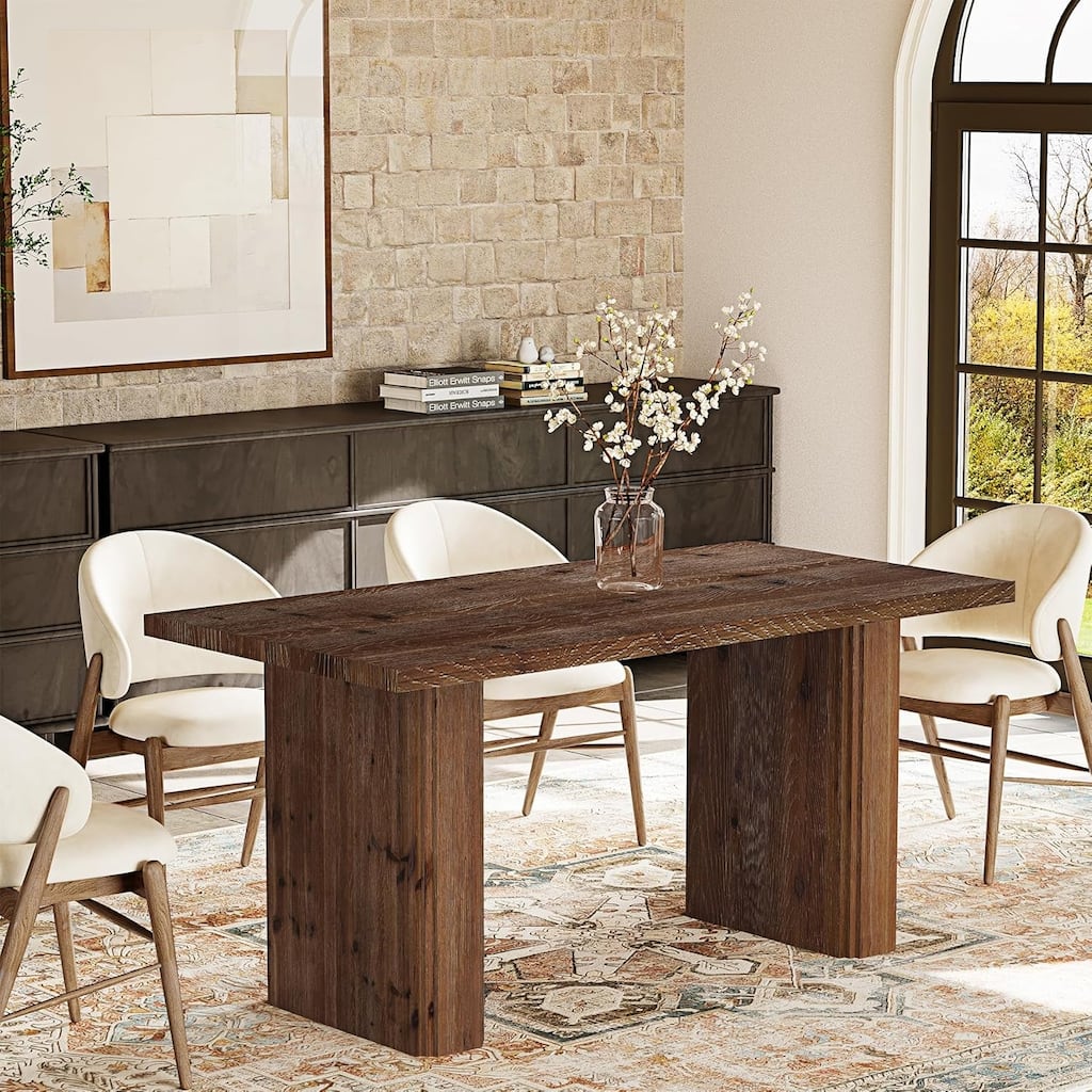 63-Inch Solid Wood Dining Table for 4-6, Farmhouse Rectangular Kitchen Dinner Table with Robust Pedestal