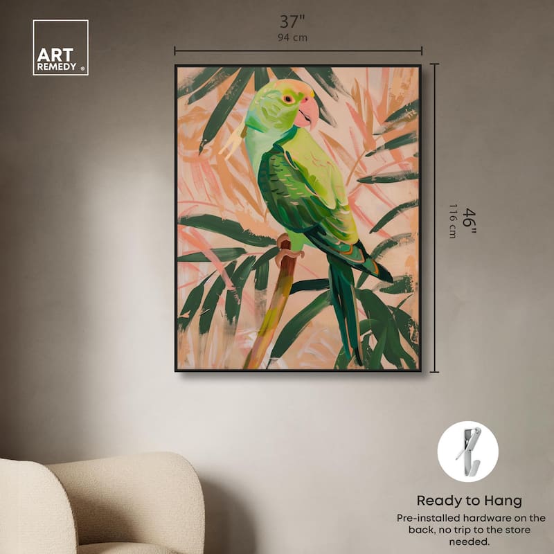 Coral and Green Parrot Canvas by Art Remedy