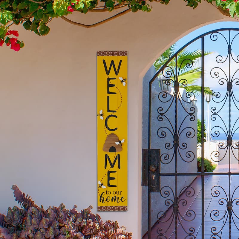 Glitzhome 42"H Solid Wood WELCOME Porch Sign with Bee or Butterfly Outdoor Decor