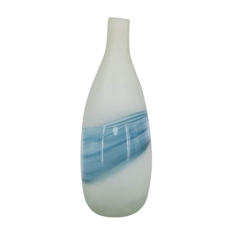 16" White And Blue Swirl Art Glass Table Vase - 10.20