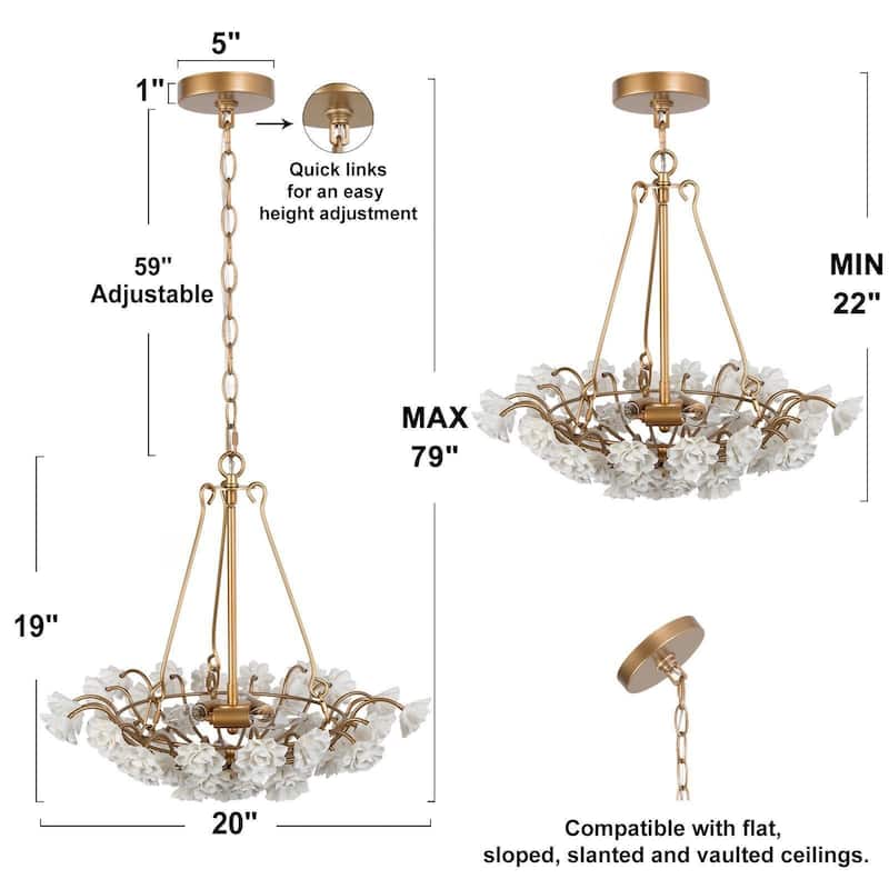 Cotia Mid-century Modern Bowl Chandelier 3-light Ceiling Light Handmade Ceramic Flower Dining Room - D 20" x H 82"