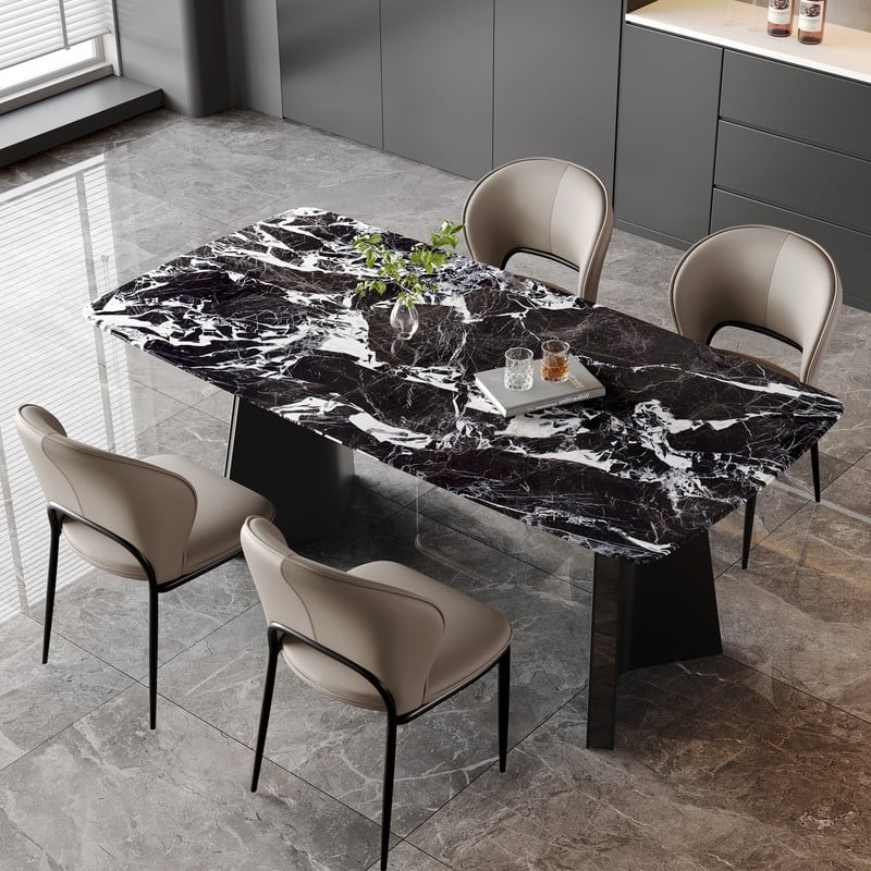 63" Modern Black Faux Marble Dining Table, Luxury Style Seats 4-6