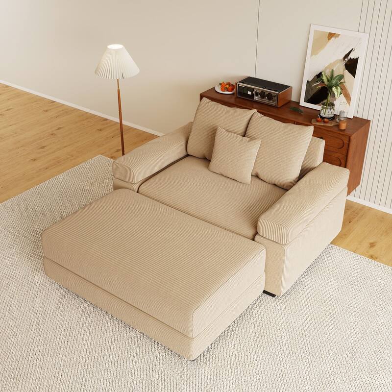 Rossetta Modern 54.3" Oversized Soft Cloud Corduroy Upholstery Extra-Thick Armrests Couch with Throw Pillows, 1 Movable Ottoman