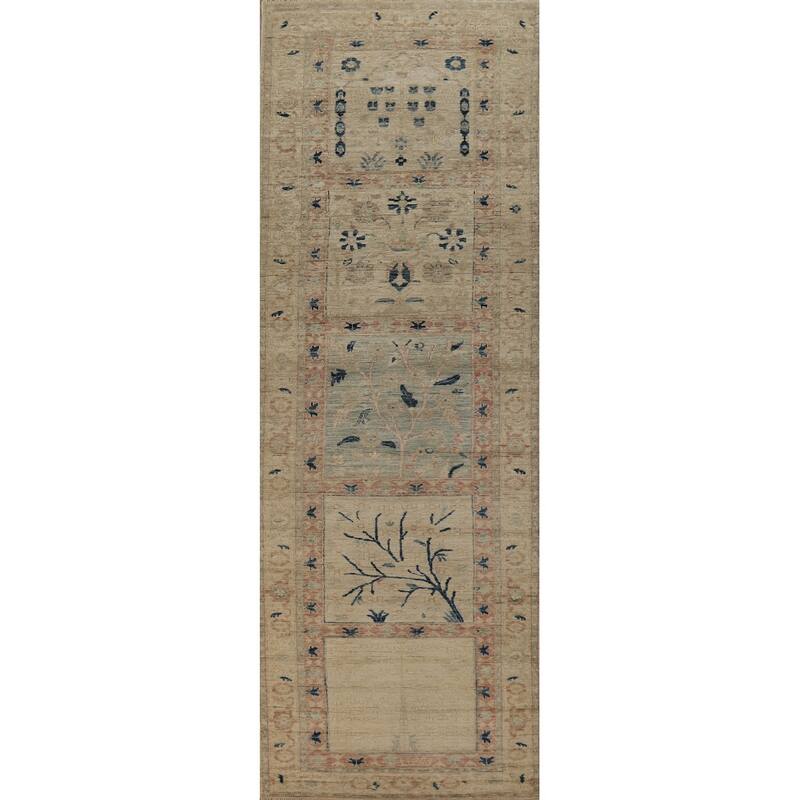 Hand Knotted Oriental 100% Wool Carpet Traditional Floral Beige & Ivories Art Deco Runner Rug - 11' 10'' X 3' 0''