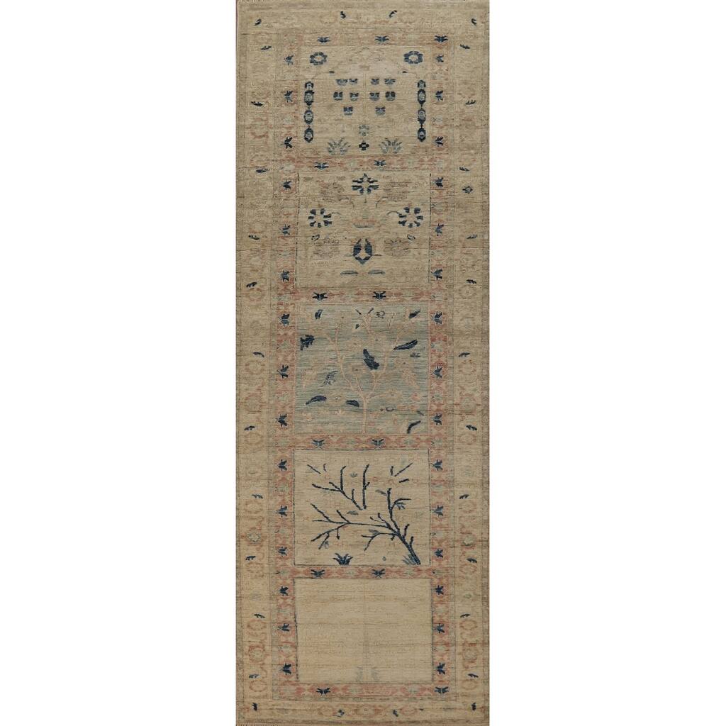Hand Knotted Oriental 100% Wool Carpet Traditional Floral Beige & Ivories Art Deco Runner Rug - 11' 10'' X 3' 0''