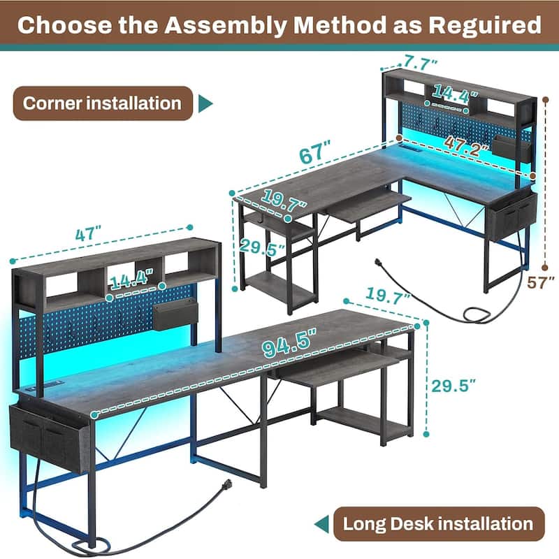 L Shaped Gaming Desk Computer Desk Corner Desk Pegboard Power Outlet