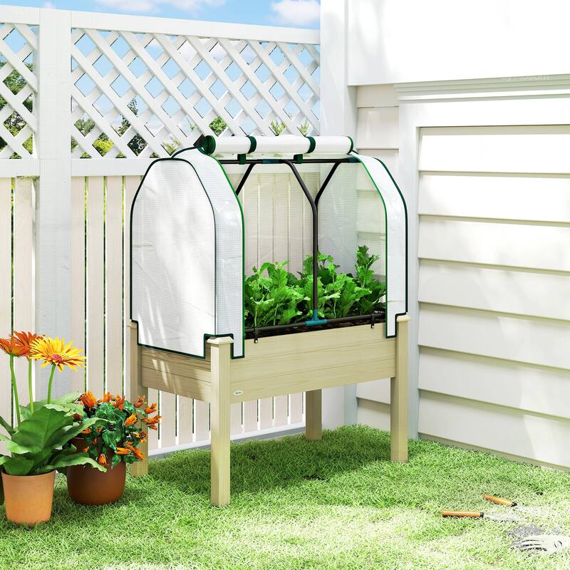 Outsunny Raised Garden Bed with PE Greenhouse Cover Outdoor Elevated Wood Planter Box , 35 x 22 x 47 inch - Beige