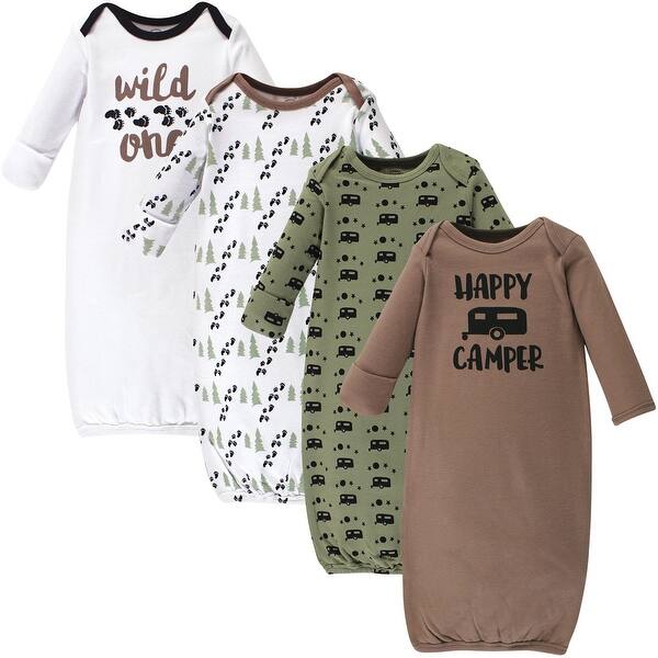 slide 1 of 1, Luvable Friends Baby Boy Cotton Long-Sleeve Gowns 4pk, Happy Camper, 0-6 Months - Happy Camper 0-6 Months - Happy Camper