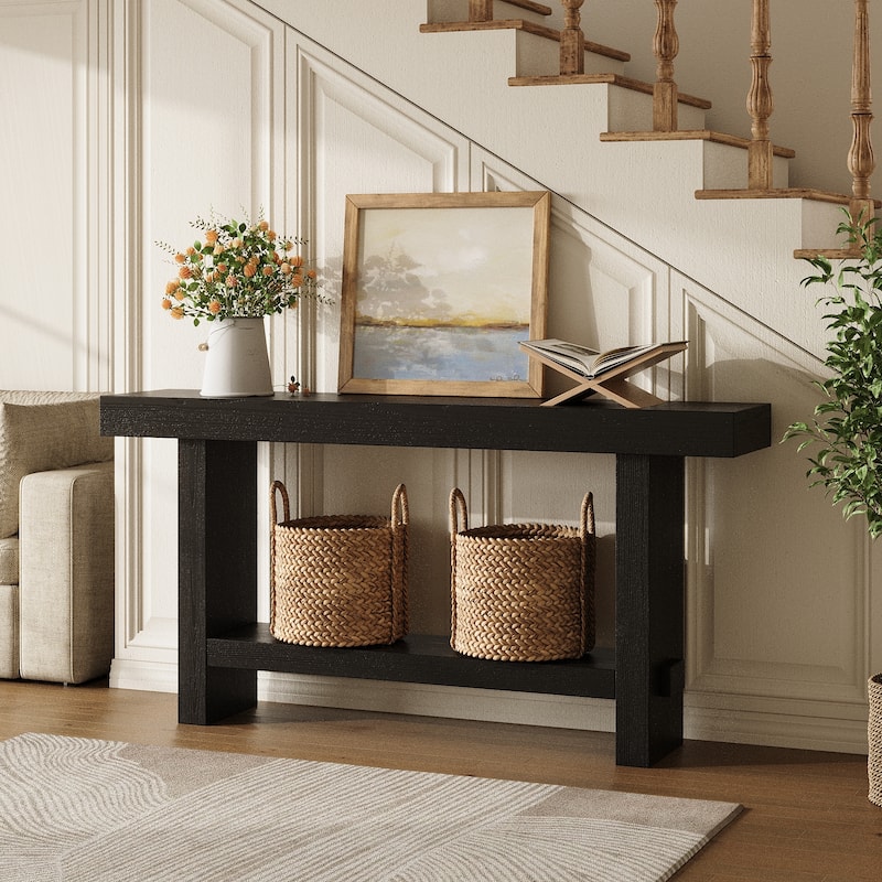 63'' Solid Wood Console Table with Shelf, 2-Tier Narrow Entryway Table - Black