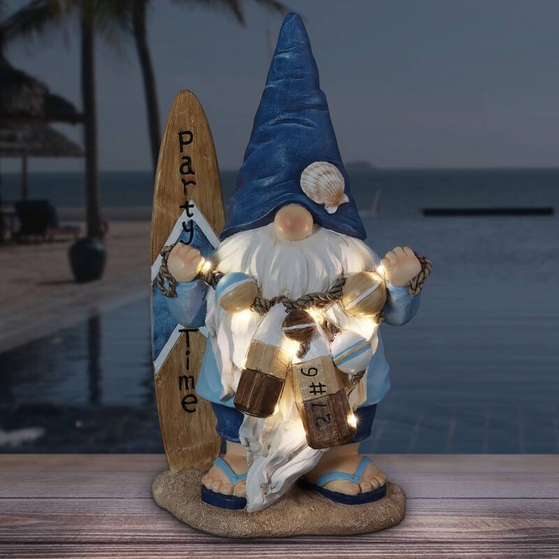 Exhart Solar Surfer Beach Hand Painted Garden Gnome Statue with Party Time Surf Board, 7.5 by 12.5 Inches
