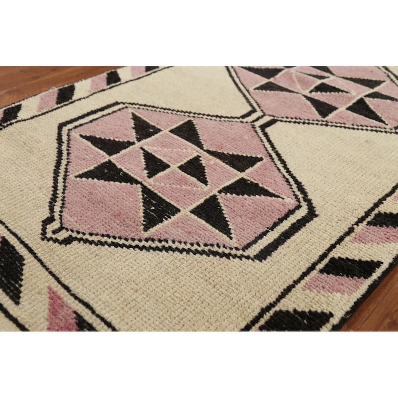 Geometric Anatolian Vintage Runner Rug Foyer Handmade Wool Carpet - 2'11"x 11'7"