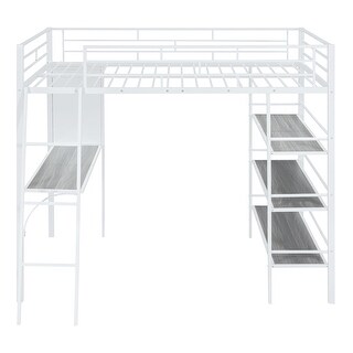 Modern Full Metal Loft Bed with Shelves, Desk & Whiteboard