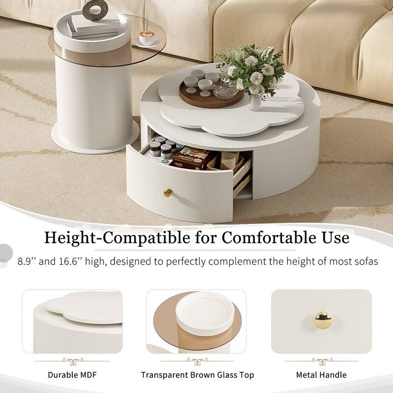 Modern Round Coffee Table Set of 2 with Rotatable Floral Top and Two Functional Drawers for Living Room