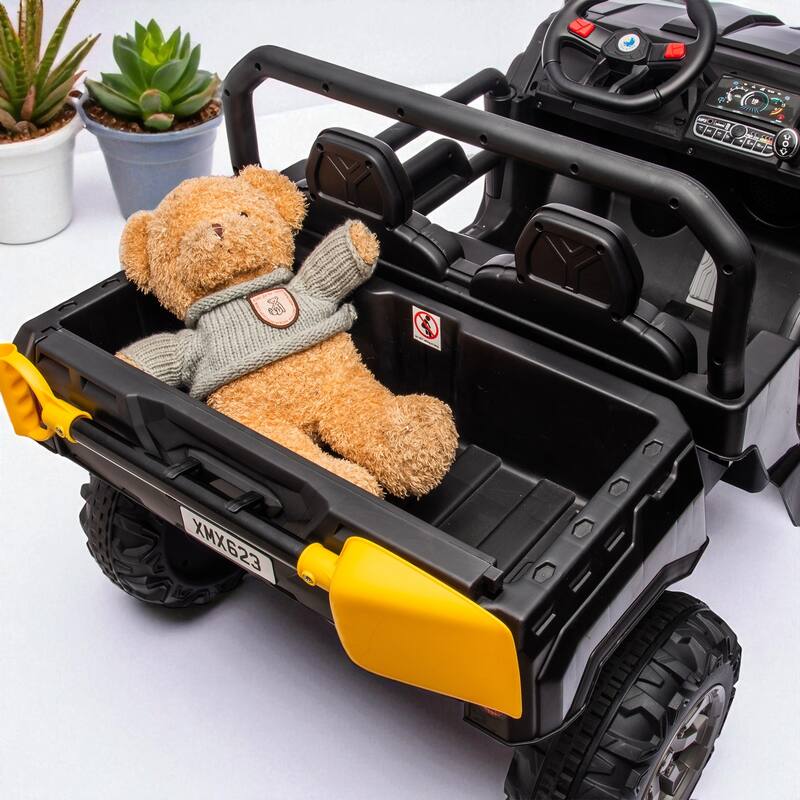 24V Two-Seater Ride-On Dump Truck with Remote Control, 2x200W Motor, Dump Bed/Shovel, Bluetooth, MP3 for Kids 3-8