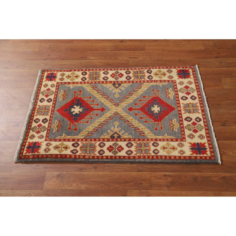 Gray Geometric Kazak Oriental Foyer Rug Handmade Wool Carpet - 2'0"x 3'0"