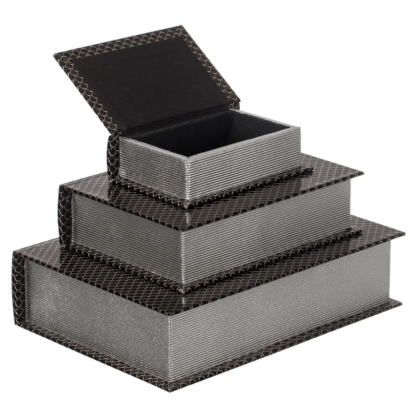 Set of 3 Velvet Vintage Storage Wooden Antique Classic Decorative Book Box Holder - Black