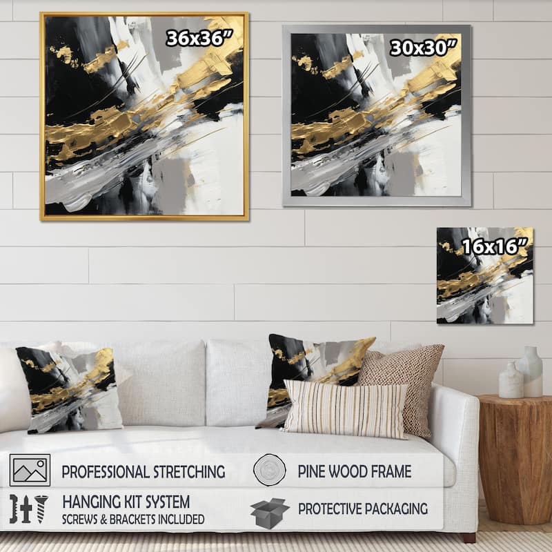 Designart "Golden River Wildness Abstract Gold And Black" Abstract Painting Framed Wall Art Living Room