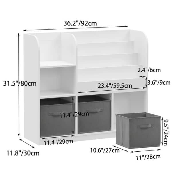 Kids Bookcase and Bookshelf, Multifunctional Bookcase with 3 Collapsible Fabric Drawers, Toy Storage Organizer