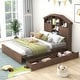 preview thumbnail 1 of 8, Full Size Platform Bed with 2 Drawers & Storage Headboard, House-Shaped Bedframe for Kids' Bedroom, No Spring Needed Required Walnut