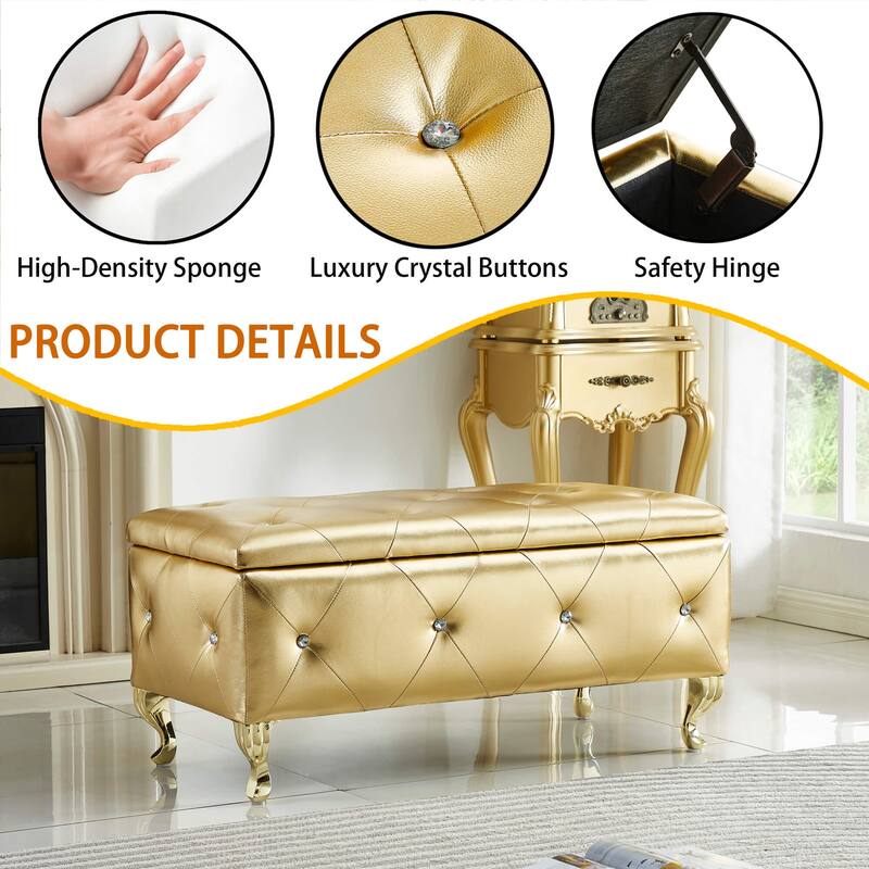 Upholstered Storage Bench Ottoman Bench with Wood Legs, Gold Leather Bench End of Bed Bench Indoor Bench