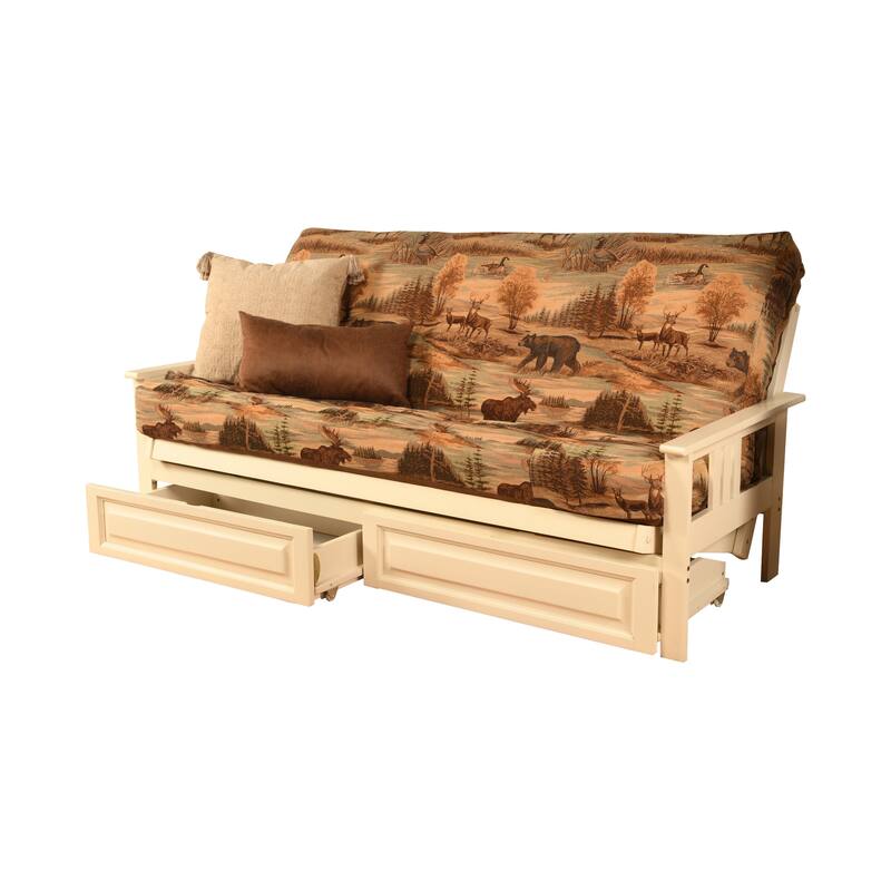 Somette Beli Mont Futon Set with Antique White Hardwood Frame, Rustic Pattern Cotton/Polyester Mattress, and Storage Drawers