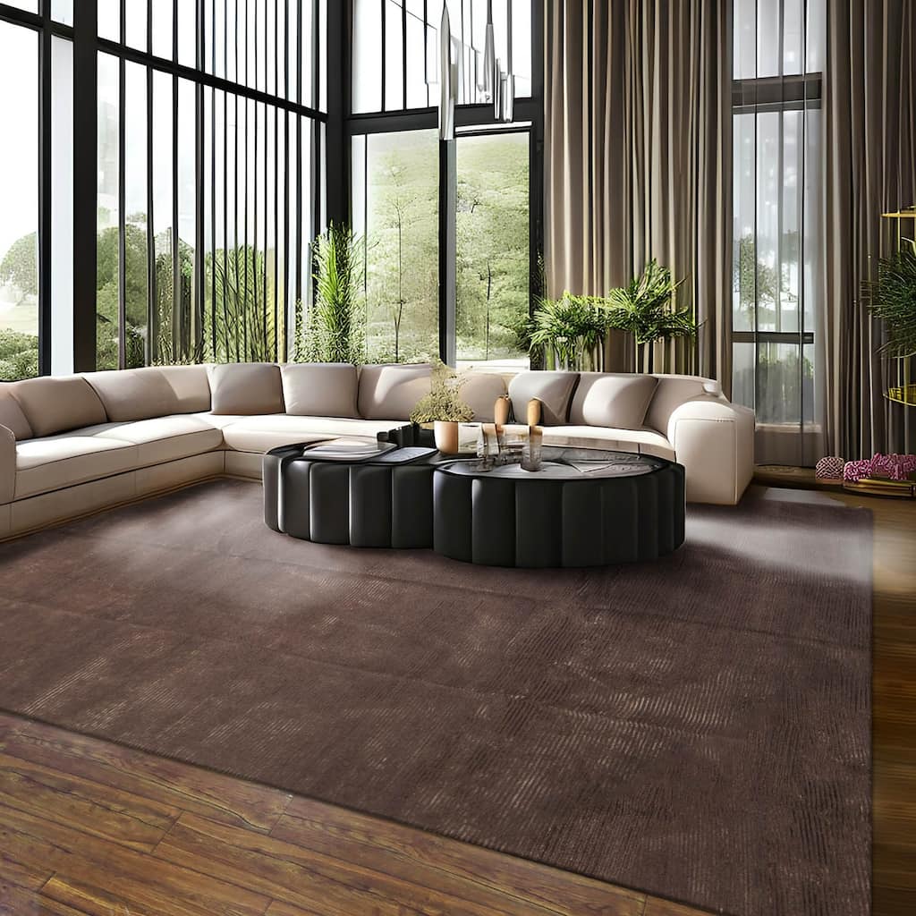 Hand Knotted Designer Brown Tibetan Wool & Silk Traditional Area Rug - 8' 2'' x 10' 1''