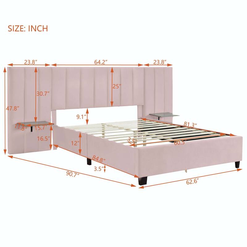 Queen Size Upholstered Platform Bed with Big Headboard