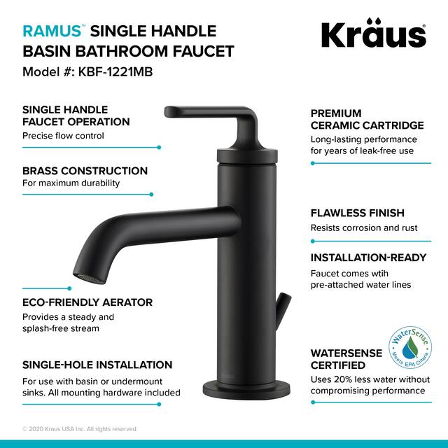 KRAUS Ramus Single Handle Bathroom Sink Faucet w/ Lift Rod Drain