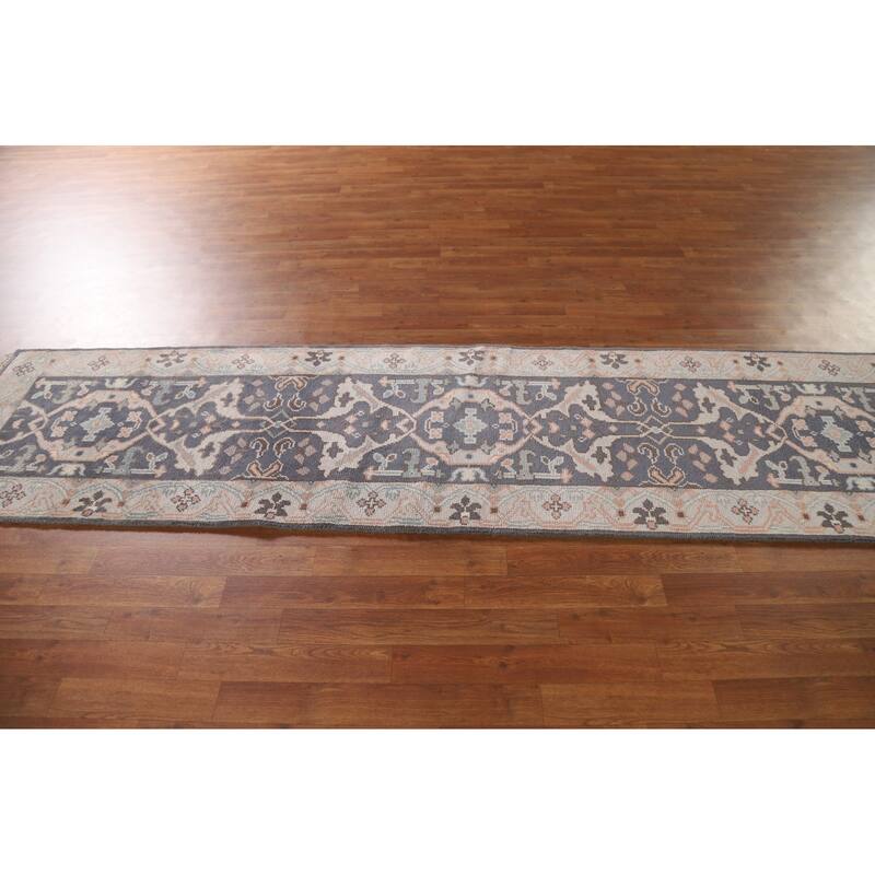 Gray Blue Oushak Indian Runner Rug Hand-Knotted Wool Carpet - 2'5"x 10'0"