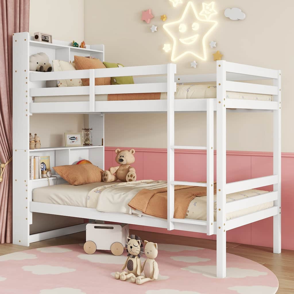 Convertible Twin Over Twin Bunk Bed with Shelves, Safety Guardrails, and Ladder, White