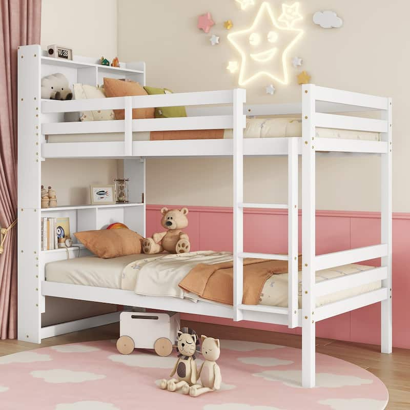 Roomfitters Twin Over Twin Rubber Wood Bunk Bed with Shelves Headboard, Convertible Design, Ladder and Safety Guardrails - White - Twin
