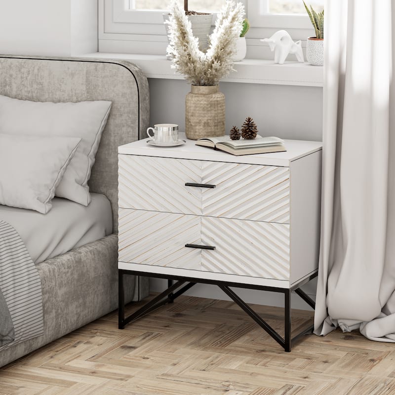 COZAYH Modern 2-Drawer Nightstand, Contemporary Line Accent End Side Table with Black Metal Base for Bedroom, Living Room - White