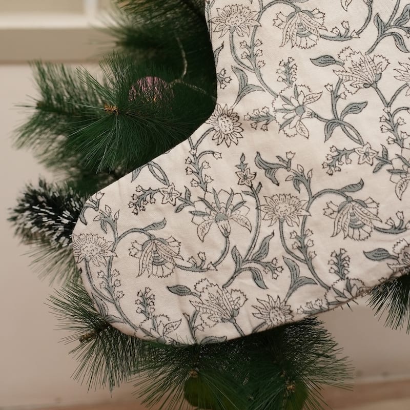 Fabdivine Handmade Cotton Block Print Floral Pattern White Christmas Stockings Knit - 10"X4.5" - Jaldhara- White, Grey