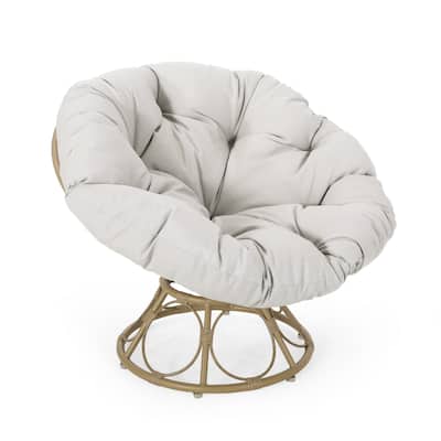 Leos Swivel Outdoor Chair, Soft Gray Polyester Cushion, Brown Rattan
