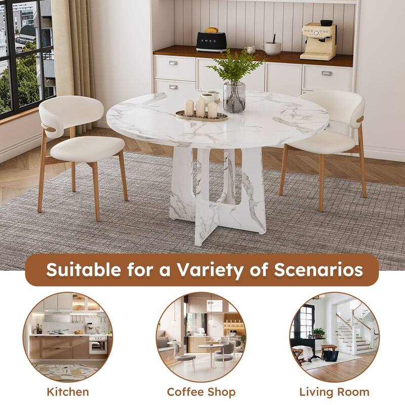 47.24" Round Marble White Finish Dining Table, Farmhouse Kitchen Table